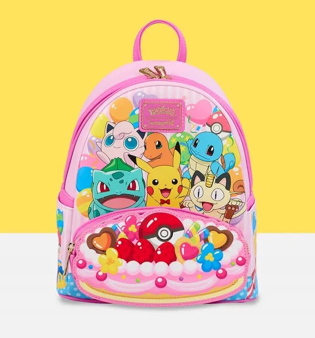 Front view of Loungefly Pokémon Party mini backpack with Pikachu, Squirtle and friends on pink faux-leather – Loungefly backpack
