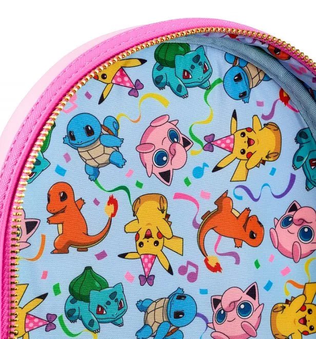 Back of Loungefly Pokémon Party mini backpack featuring Pikachu holding balloons and adjustable pink straps – Loungefly backpack

