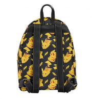 Back view of Loungefly Pikachu All Over Print backpack with black straps and matching Pikachu pattern