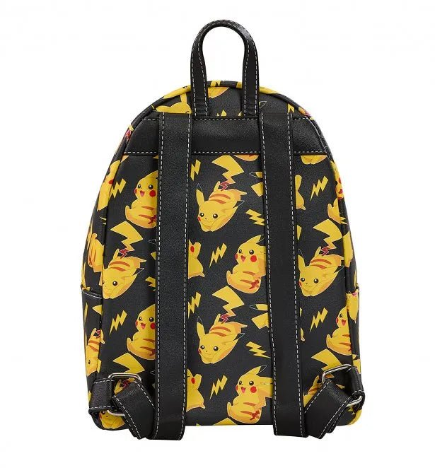 Back view of Loungefly Pikachu All Over Print backpack with black straps and matching Pikachu pattern