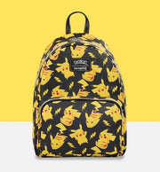 Front view of Loungefly Pokémon backpack with repeating Pikachu and lightning bolt pattern on black background