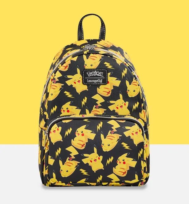 Front view of Loungefly Pokémon backpack with repeating Pikachu and lightning bolt pattern on black background