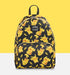Front view of Loungefly Pokémon backpack with repeating Pikachu and lightning bolt pattern on black background