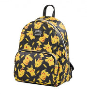 Side view of the Loungefly Pikachu backpack with lightning bolts and Pikachu expressions throughout