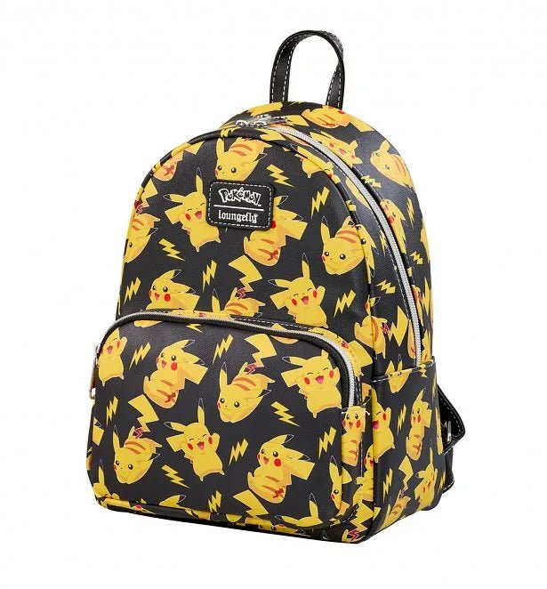 Side view of the Loungefly Pikachu backpack with lightning bolts and Pikachu expressions throughout