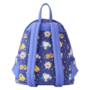 Back view of the Pokémon backpack with lavender straps and repeating sleeping Pokémon print