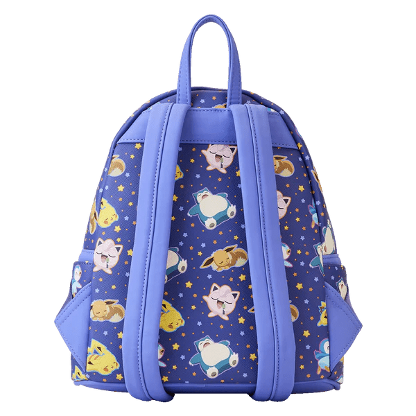 Back view of the Pokémon backpack with lavender straps and repeating sleeping Pokémon print
