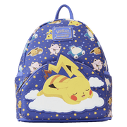 Front view of the Loungefly Pokémon backpack featuring Pikachu sleeping on a cloud with other sleepy Pokémon characters