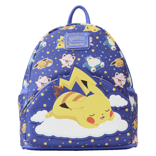 Front view of the Loungefly Pokémon backpack featuring Pikachu sleeping on a cloud with other sleepy Pokémon characters