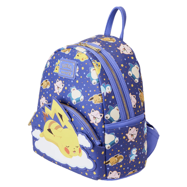 Quarter angle view of the Loungefly Sleeping Pikachu backpack showing all-over pattern of Jigglypuff, Eevee, Snorlax and more