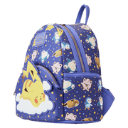 Side view of the Loungefly Pikachu backpack showing all-over starry pattern with multiple characters