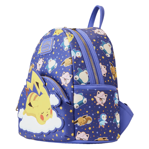 Side view of the Loungefly Pikachu backpack showing all-over starry pattern with multiple characters
