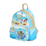 Angled left view of Loungefly Pokémon Summer Beach mini backpack showing Psyduck floaty pocket and coastal scene – Loungefly bag

