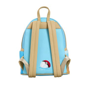 Back of Loungefly Pokémon Summer Beach mini backpack with Dive Ball graphic, tan straps and blue faux-leather – Loungefly backpack
