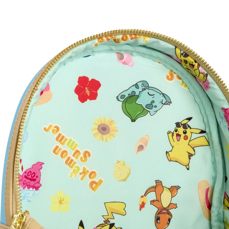 Interior lining of Loungefly Pokémon Summer Beach mini backpack with floral, fruit & holiday Pokémon print – Loungefly bags detail

