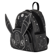 Angled view of Pokémon Umbreon Loungefly backpack showing raised ears, glitter finish, side pocket and star detailing