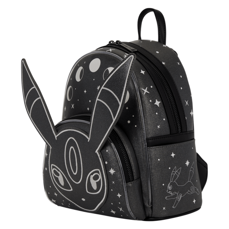 Angled view of Pokémon Umbreon Loungefly backpack showing raised ears, glitter finish, side pocket and star detailing