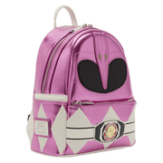 Loungefly Power Rangers Pink Ranger backpack angled view with belt buckle detail