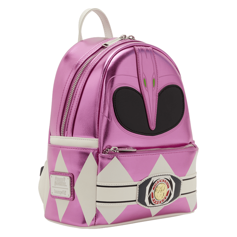 Loungefly Power Rangers Pink Ranger backpack angled view with belt buckle detail