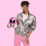 Model holding Loungefly Power Rangers Pink Ranger mini backpack metallic pink
