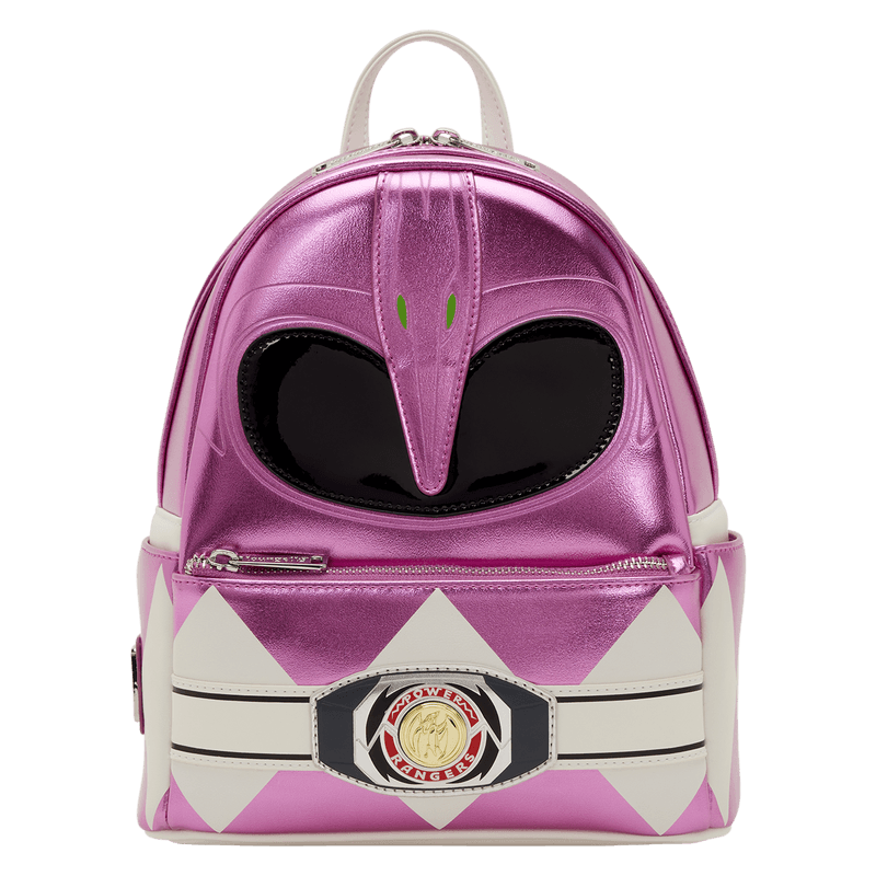 Loungefly Power Rangers Pink Ranger mini backpack front view metallic pink helmet design