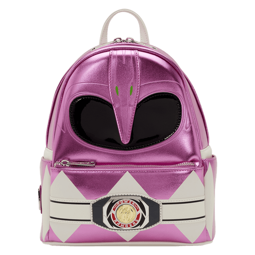 Loungefly Power Rangers Pink Ranger mini backpack front view metallic pink helmet design