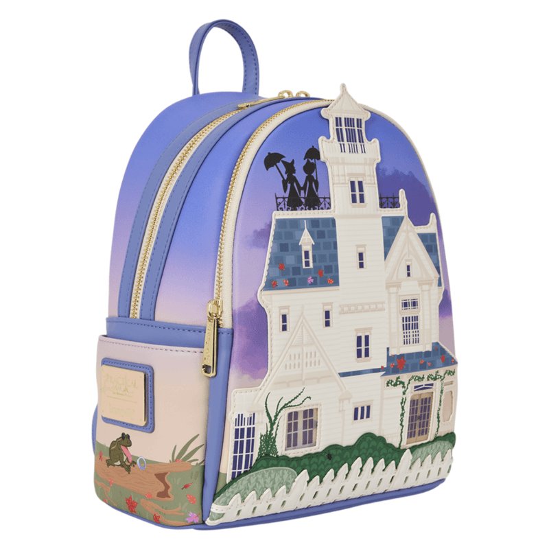 Side view of Practical Magic Loungefly backpack with rose garden artwork