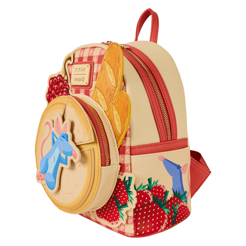 Loungefly Ratatouille Remy mini backpack with cheese wheel front pocket, baguette appliqué and strawberries, three-quarter angle
