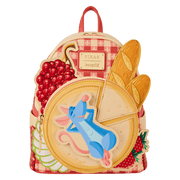 Front view of Loungefly Ratatouille Remy Cheese Wheel Mini Backpack with grapes, baguettes and rotating cheese pocket