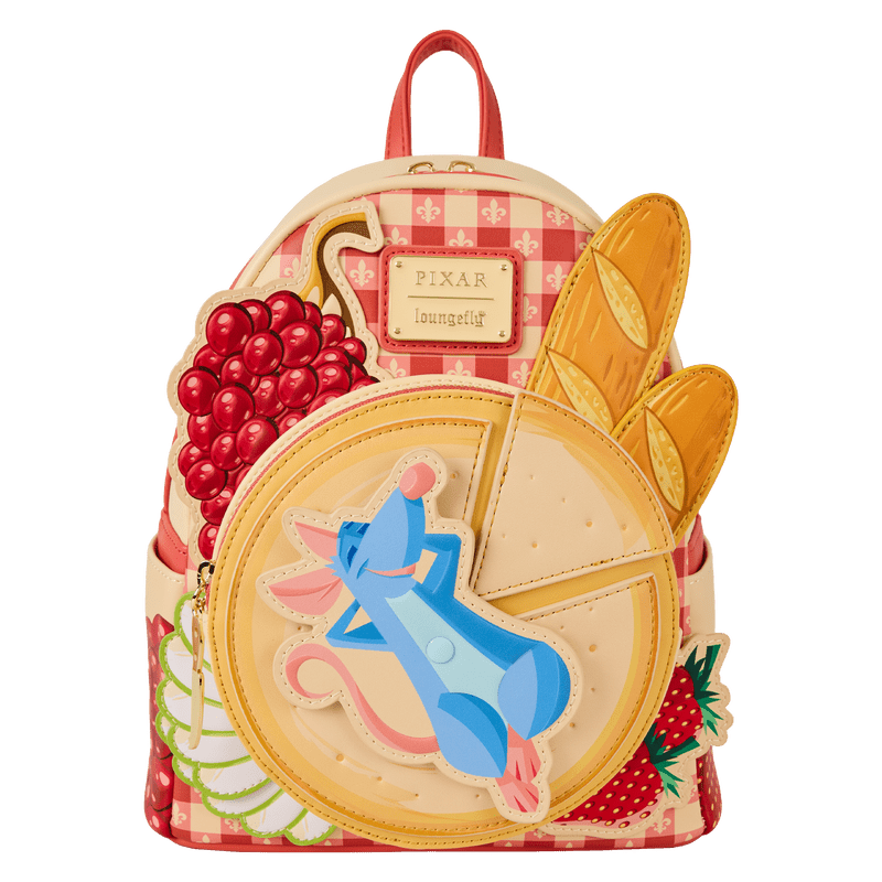 Front view of Loungefly Ratatouille Remy Cheese Wheel Mini Backpack with grapes, baguettes and rotating cheese pocket