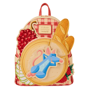 Straight-on view of Loungefly Ratatouille Remy mini backpack showing cheese wheel pocket and baguette details