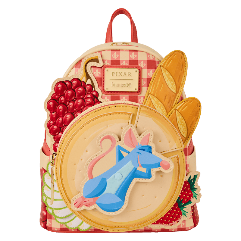 Straight-on view of Loungefly Ratatouille Remy mini backpack showing cheese wheel pocket and baguette details