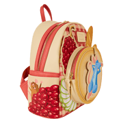 Side angle of Loungefly Ratatouille Remy Cheese Wheel Mini Backpack with grapes and Remy applique