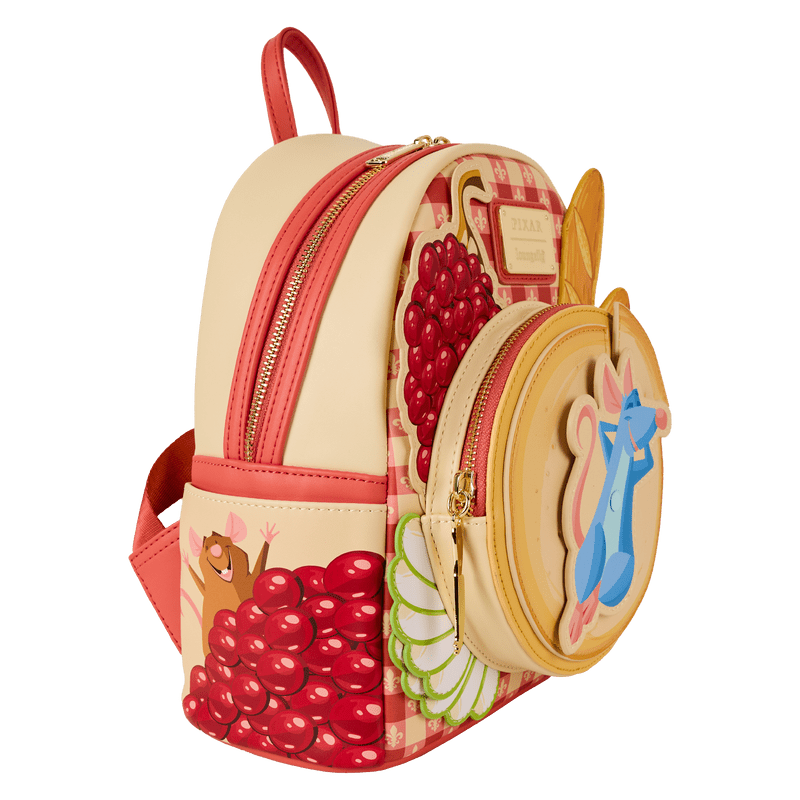 Side angle of Loungefly Ratatouille Remy Cheese Wheel Mini Backpack with grapes and Remy applique