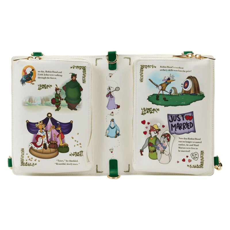 Loungefly Robin Hood Book Bag open with illustrated Disney story scenes