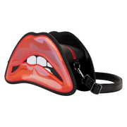 Angled view of Loungefly Rocky Horror lips crossbody showing depth and detachable strap.