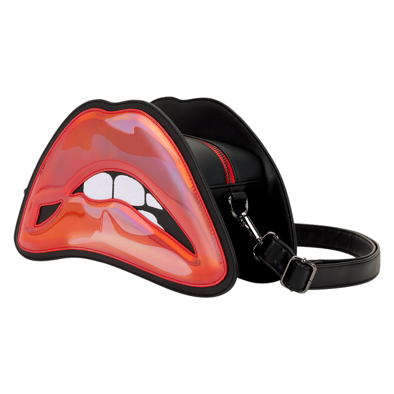 Angled view of Loungefly Rocky Horror lips crossbody showing depth and detachable strap.