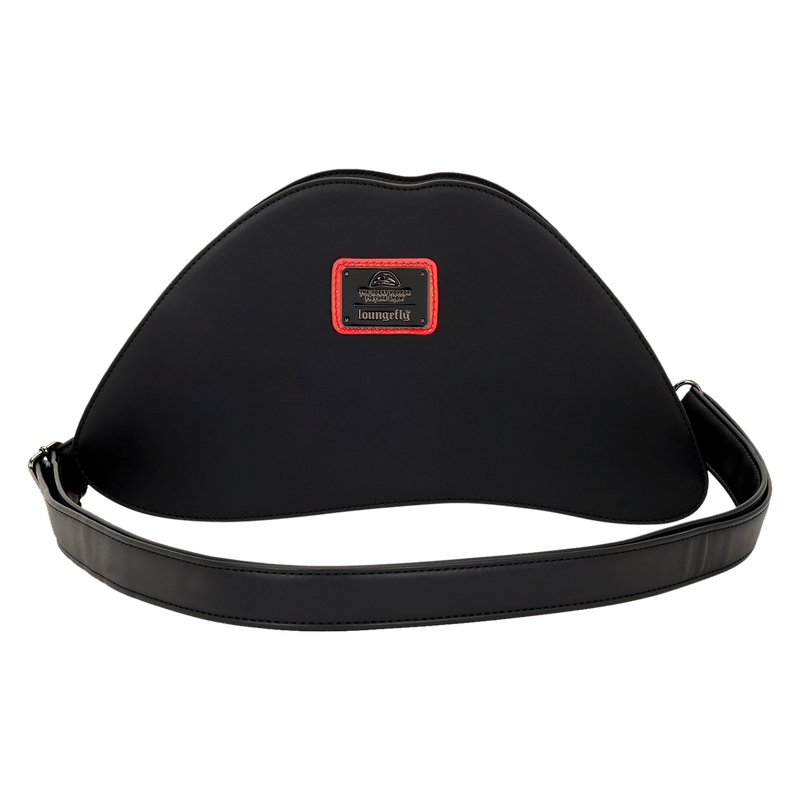 Back of Loungefly Rocky Horror lips crossbody bag with black finish and logo plaque.