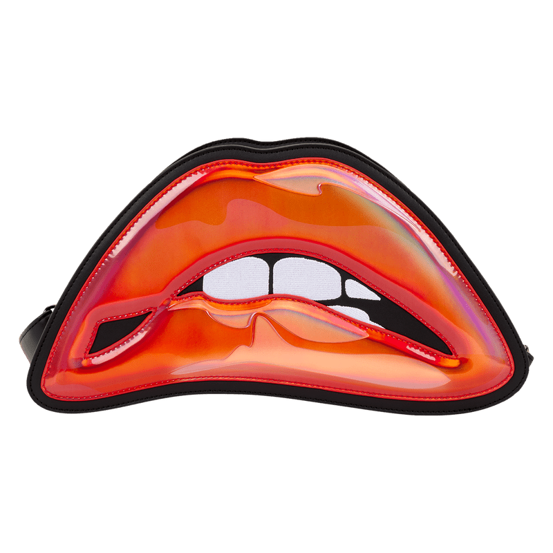 Front view of Loungefly Rocky Horror Picture Show lips crossbody bag with glossy red 3D bite detail.
