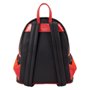 Back view of Loungefly Rocky Horror Lips mini backpack showing black straps, red handle and side pockets.