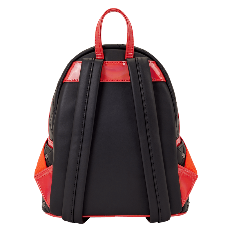 Back view of Loungefly Rocky Horror Lips mini backpack showing black straps, red handle and side pockets.