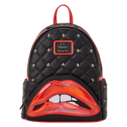 Loungefly Rocky Horror mini backpack in quilted black with stud details and red patent lips front pocket, front view.