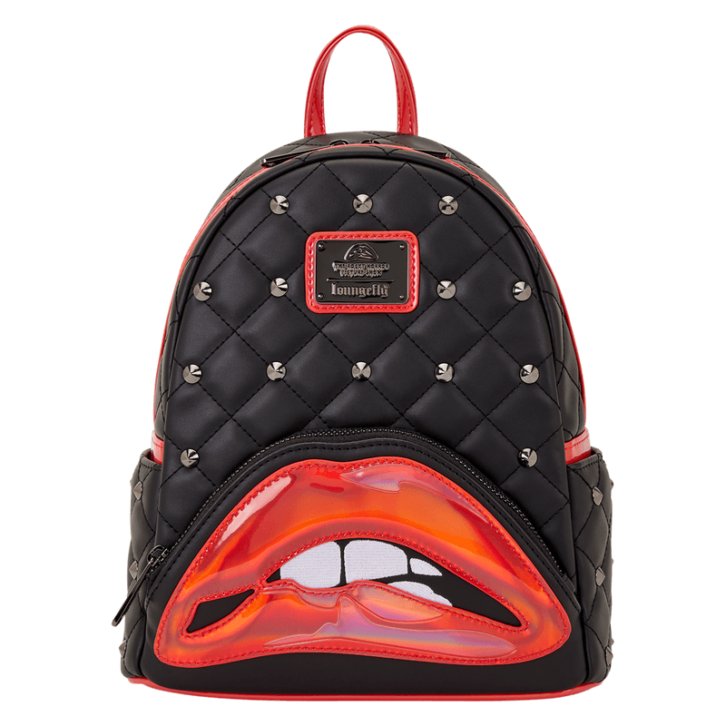 Loungefly Rocky Horror mini backpack in quilted black with stud details and red patent lips front pocket, front view.