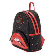 Three-quarter view of the Loungefly Rocky Horror Lips mini backpack with red piping, double zip and studded quilting.