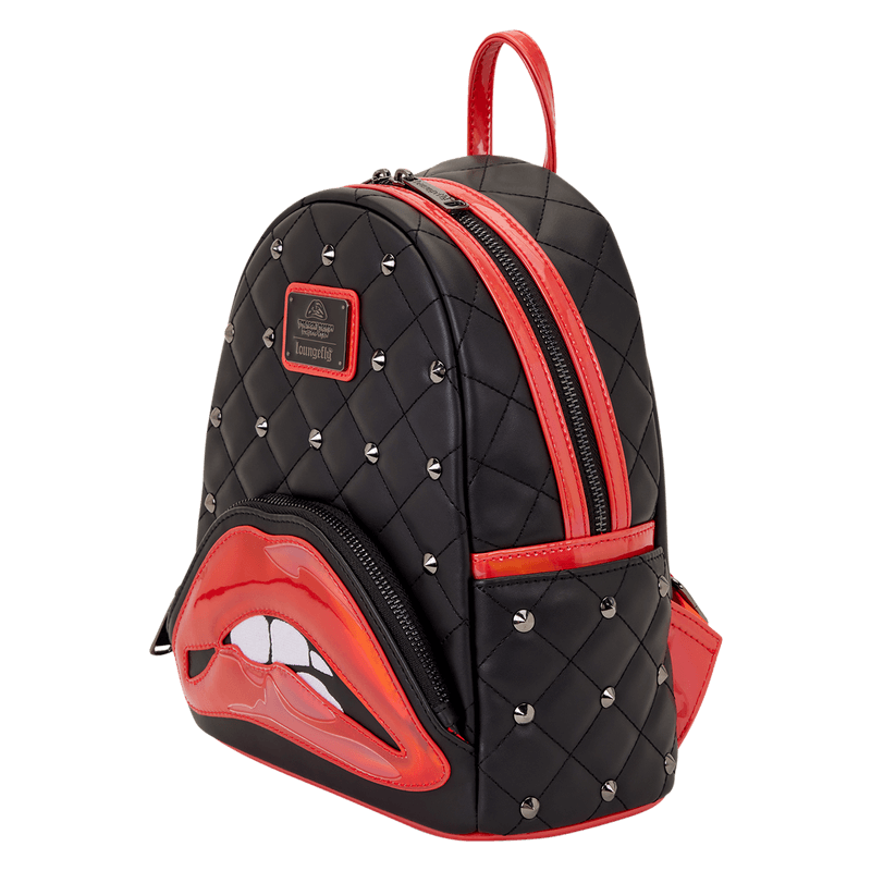 Three-quarter view of the Loungefly Rocky Horror Lips mini backpack with red piping, double zip and studded quilting.