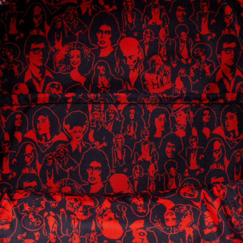 Interior lining of the Loungefly Rocky Horror mini backpack featuring red and black character collage print.