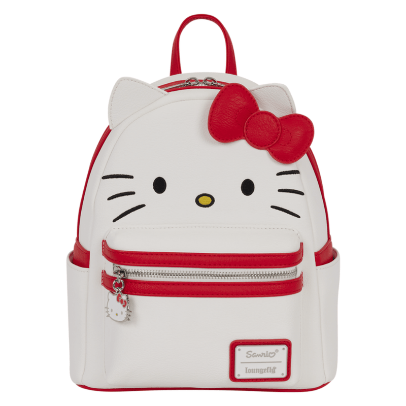 Loungefly Sanrio Hello Kitty Cosplay Mini Backpack front view with white face, red bow, embroidered whiskers and zipped pocket