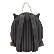 Back view of Loungefly Kuromi Cameo mini backpack with grey stripe panel, adjustable straps and pearl handle.