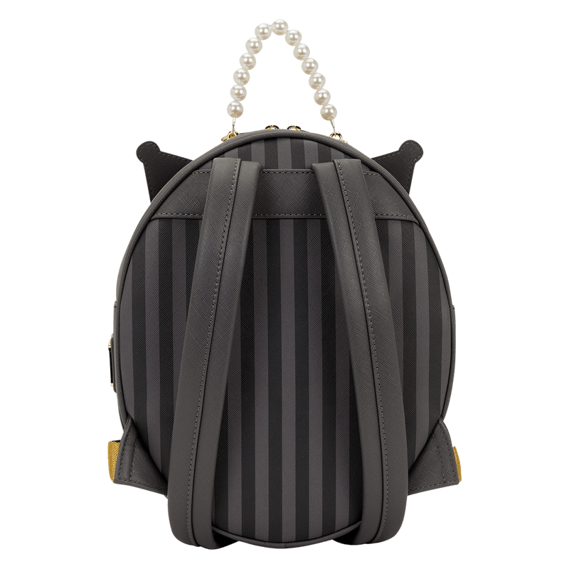 Back view of Loungefly Kuromi Cameo mini backpack with grey stripe panel, adjustable straps and pearl handle.
