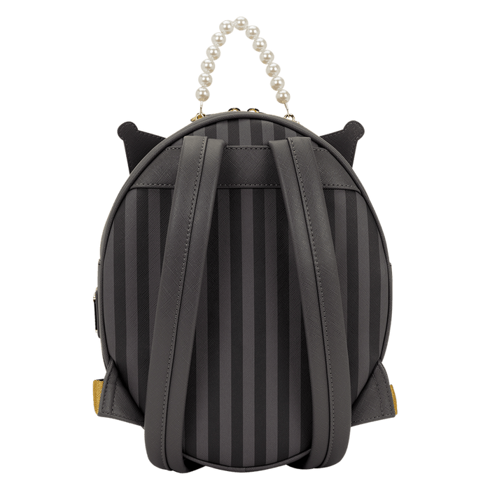 Back view of Loungefly Kuromi Cameo mini backpack with grey stripe panel, adjustable straps and pearl handle.